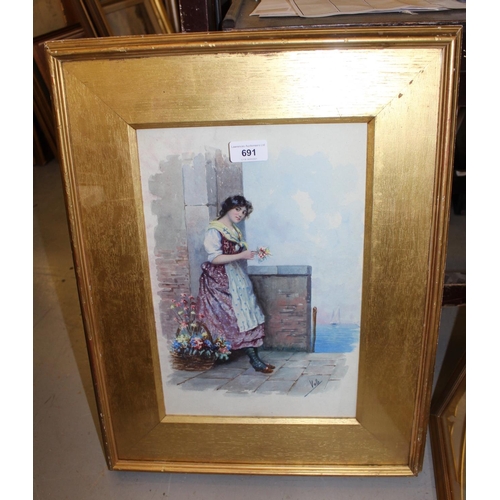 691 - Gilt framed watercolour, portrait of a Continental lady with a basket of flowers, signed Valle, 14in... 