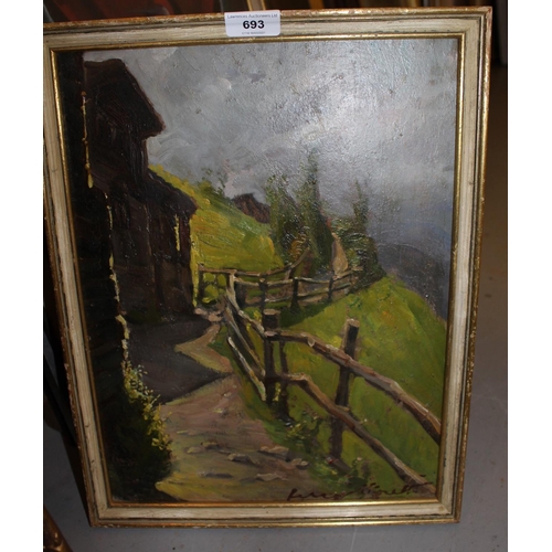 693 - Luigi Moretti, signed oil, dwellings by a mountain path, 15ins x 11.5ins