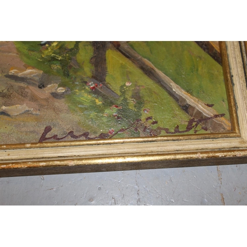 693 - Luigi Moretti, signed oil, dwellings by a mountain path, 15ins x 11.5ins