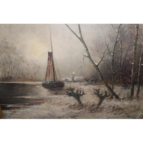 694 - Willem De Kleist, signed oil on board, winter canal scene with sailing barge, 17ins x 23ins