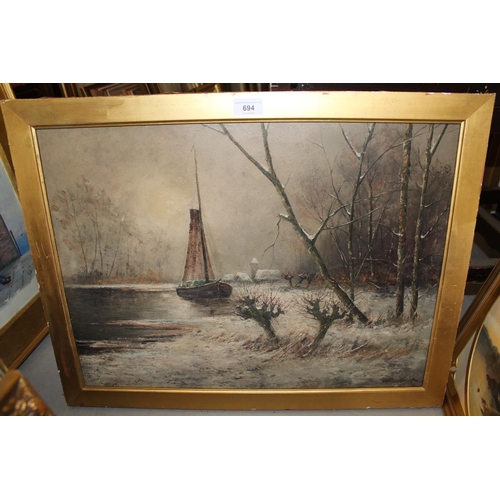 694 - Willem De Kleist, signed oil on board, winter canal scene with sailing barge, 17ins x 23ins