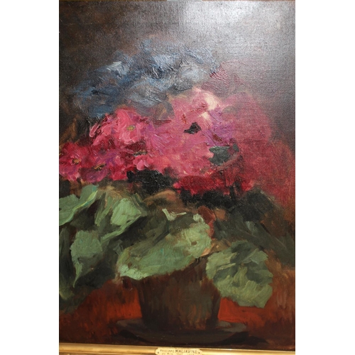 697 - Early 20th Century oil on canvas, still life with red flowers in a vase, attributed on frame plaque ... 