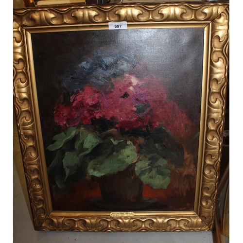 697 - Early 20th Century oil on canvas, still life with red flowers in a vase, attributed on frame plaque ... 