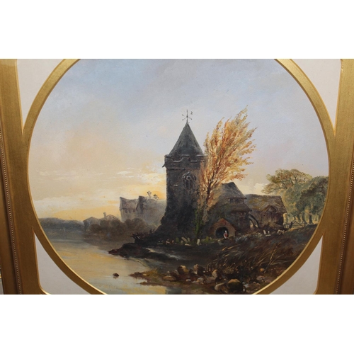 699 - Late 19th Century oil on card, village by a river, Gothic design, gilt mount, 12ins x 12ins