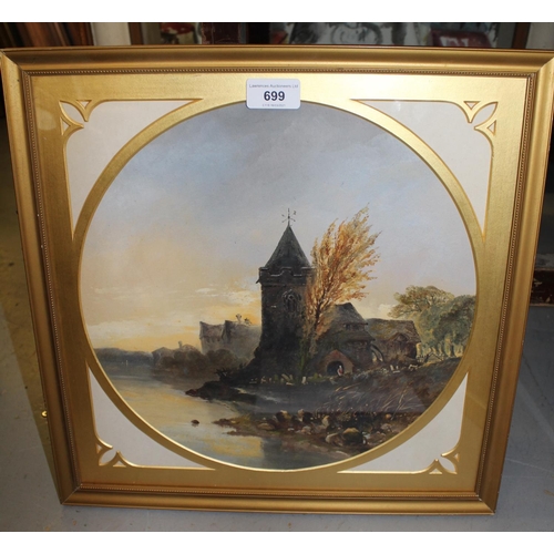 699 - Late 19th Century oil on card, village by a river, Gothic design, gilt mount, 12ins x 12ins