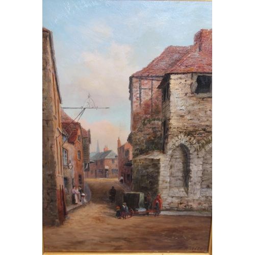 700 - Frank R. Offer, signed oil on millboard, street scene, inscribed verso 'Southampton Old Town Walls',... 