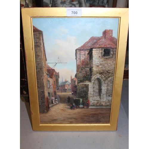 700 - Frank R. Offer, signed oil on millboard, street scene, inscribed verso 'Southampton Old Town Walls',... 