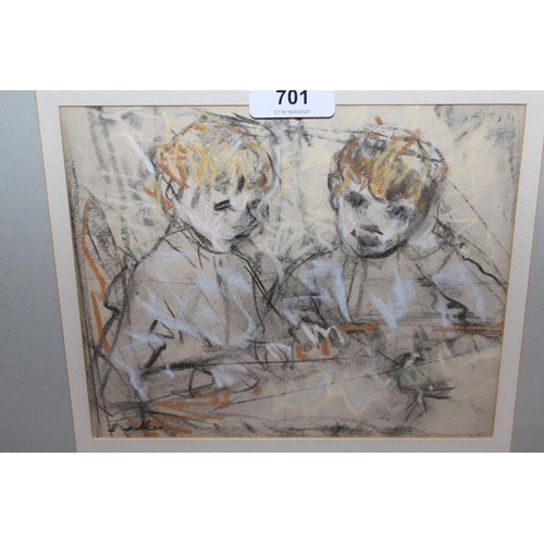 701 - E. Walker, signed pastel drawing, study of two boys watching a canary, 7ins x 8ins