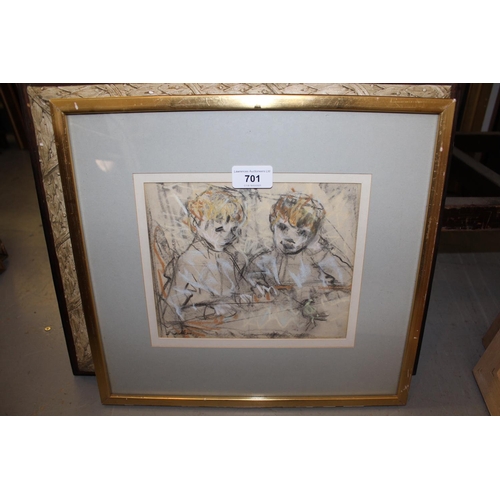 701 - E. Walker, signed pastel drawing, study of two boys watching a canary, 7ins x 8ins