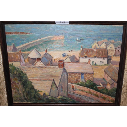 702 - Henry Samuel Merritt, signed oil on board, West country fishing village, 10ins x 14ins