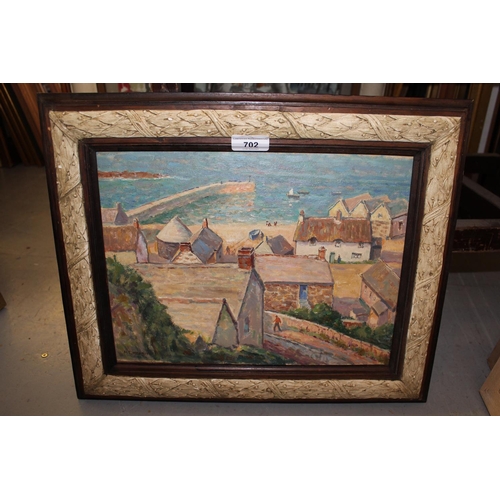 702 - Henry Samuel Merritt, signed oil on board, West country fishing village, 10ins x 14ins