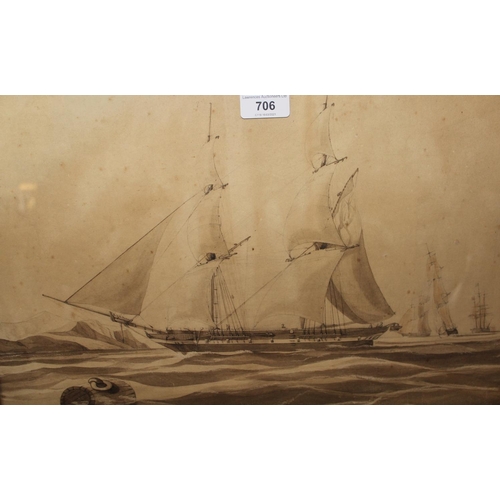 706 - 18th / 19th Century maplewood framed watercolour, maritime scene with English man o'war and other sh... 