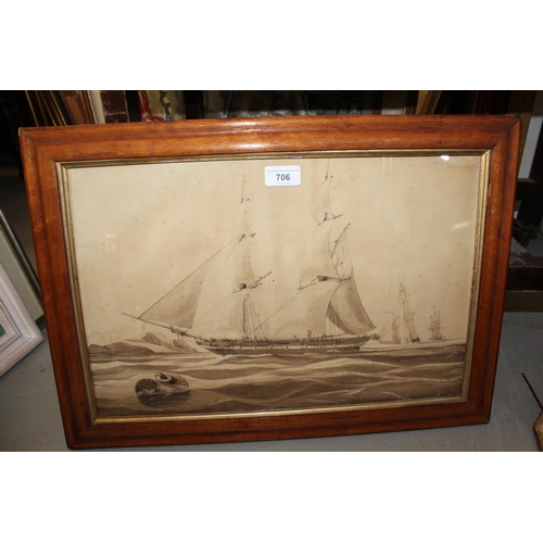 706 - 18th / 19th Century maplewood framed watercolour, maritime scene with English man o'war and other sh... 