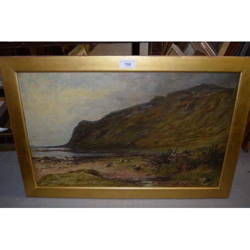 708 - Pollok S. Nisbet, signed oil on canvas laid onto panel, sheep in a coastal landscape, inscribed vers... 