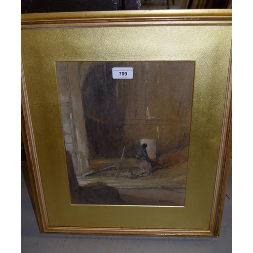 709 - Gilt framed watercolour, two figures in a sunlit barn, signed R. Eadie, 13ins x 10ins