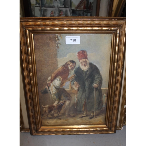 710 - 19th Century watercolour, two figures with a dog on a terrace, monogrammed, 11ins x 8ins