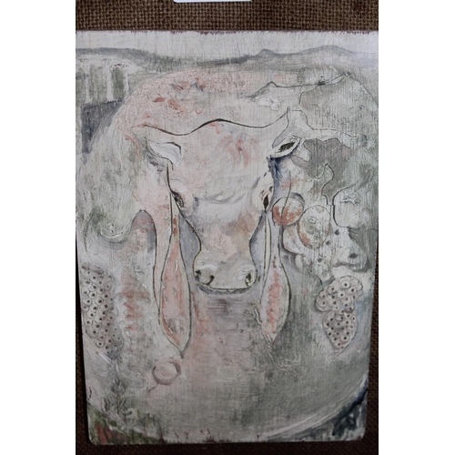 711 - Indian school oil on panel, surrealist study of a cow in a landscape, indistinctly signed, 8ins x 6i... 