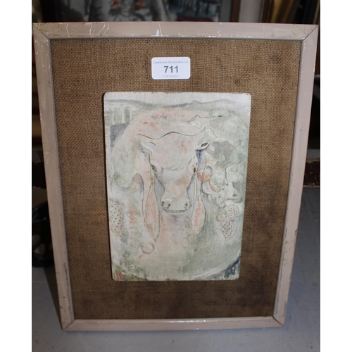 711 - Indian school oil on panel, surrealist study of a cow in a landscape, indistinctly signed, 8ins x 6i... 