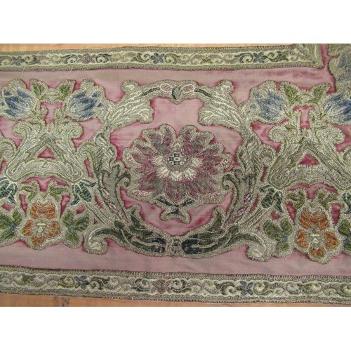 48 - Group of five 18th Century border panels worked with floral embroidery, the largest section 11ft 10i... 