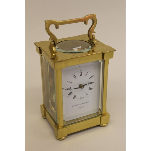 919 - Matthew Norman of London, brass cased carriage clock, the dial with Roman numerals, 5ins high x 3.5i... 