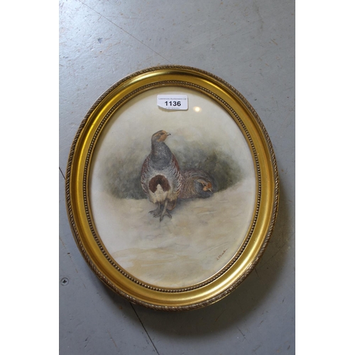 1136 - J. Stinton (Royal Worcester artist), oval watercolour study of two game birds, signed, 9.5ins x 7.5i... 