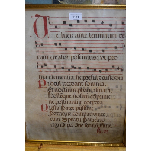 1137 - 19th Century copy on vellum of a Gregorian chant, gilt framed together with two framed watercolours,... 