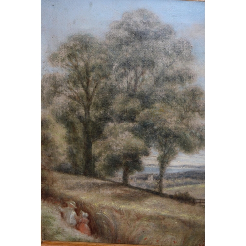 1138 - Small 19th Century oil on canvas, figures in a rural landscape with distant coastline, 9ins x 7ins, ... 