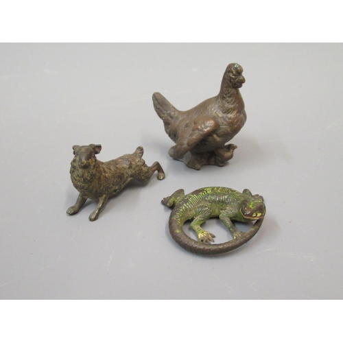 289 - Small Austrian cold painted bronze figure of a lizard, 1.5ins wide, similar figure of a hare and ano... 