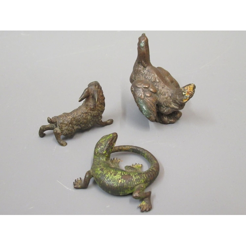 289 - Small Austrian cold painted bronze figure of a lizard, 1.5ins wide, similar figure of a hare and ano... 