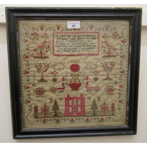 35 - Good quality early 19th Century pictorial woolwork sampler depicting house and garden, birds and flo... 