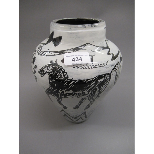 434 - Anthony Stern, an Art Glass vase decorated in naive style with figures and animals, signed Stern and... 