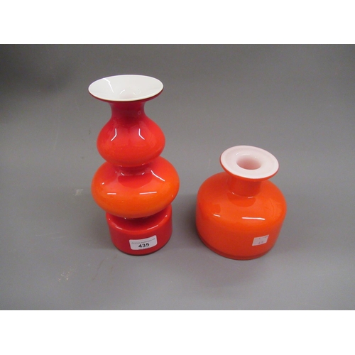 435 - Holmegaard Carnaby double gourd shaped vase in orange, 9ins high, together with a similar smaller va... 