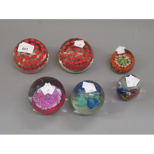 441 - Caithness Desert Spring pattern glass paperweight together with a pair of glass paperweights and thr... 