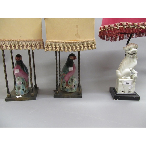 444 - Pair of table lamps in the form of porcelain figures of birds in decorative gilt brass cage form sta... 