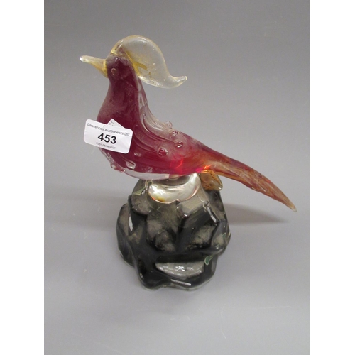 453 - Unusual Murano glass liqueur decanter surmounted by a figure of a bird, 10.5ins high