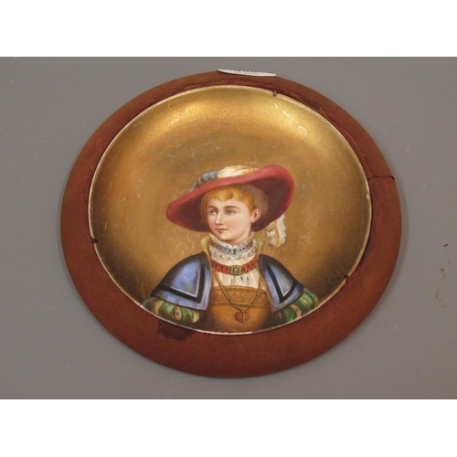 456 - Late 19th Century Continental plate painted with a head and shoulder portrait of a figure with gilt ... 