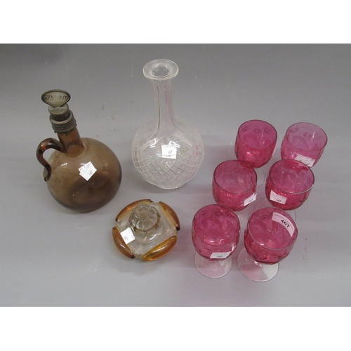 467 - Set of six Cranberry cut and polished drinking glasses, two decanters and a perfume bottle (at fault... 