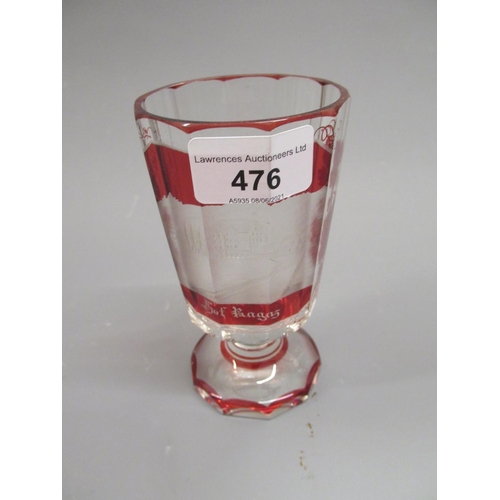 476 - Bohemian red overlay and cut glass beaker engraved with a building in a landscape inscribed ' Hof Ha... 