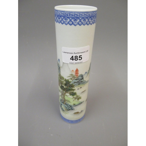 485 - Chinese Republic cylindrical porcelain vase painted with a river landscape, signed with seal mark to... 