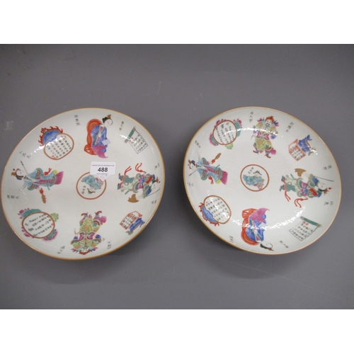 488 - Pair of Chinese circular shallow porcelain bowls decorated with various figures and script, signed w... 