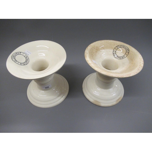 509 - Two pottery ham stands inscribed Glenhurst Equipment, approximately 8ins high