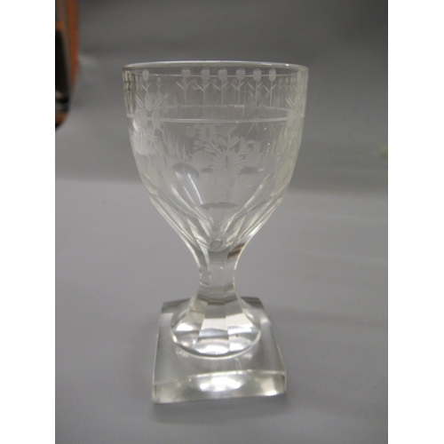 510 - Good quality suite of Edwardian drinking glasses etched with garlands of flowers, with faceted bowls... 