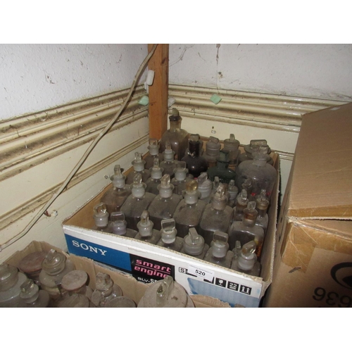 520 - Three boxes containing a large quantity of glass apothecary bottles