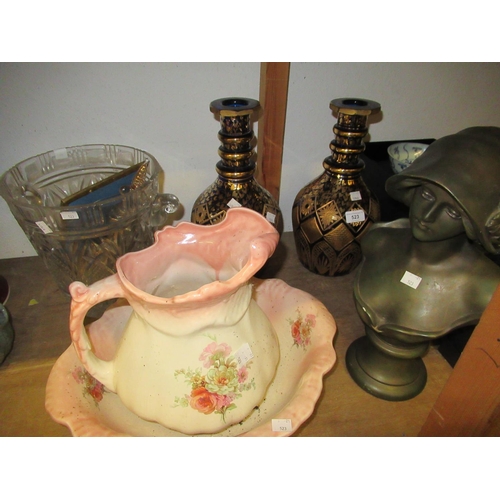 523 - Pair of reproduction Bohemian style blue and gilt decorated decanters (stoppers lacking), a moulded ... 