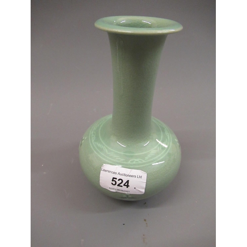 524 - Modern Chinese green crackle glazed narrow neck vase with floral decoration, signed to the base, 6in... 