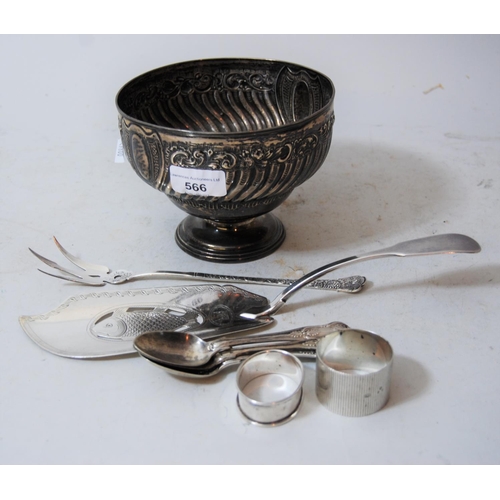 566 - Birmingham silver embossed pedestal bowl with wrythen decoration, two silver napkin rings, Georgian ... 