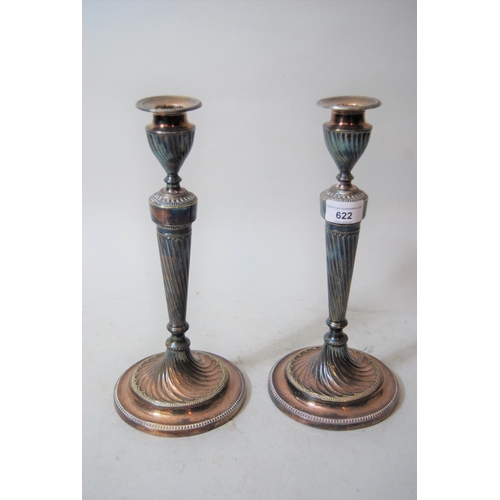 622 - Pair of 19th Century silver plated spiral twist column candlesticks, 12ins  high