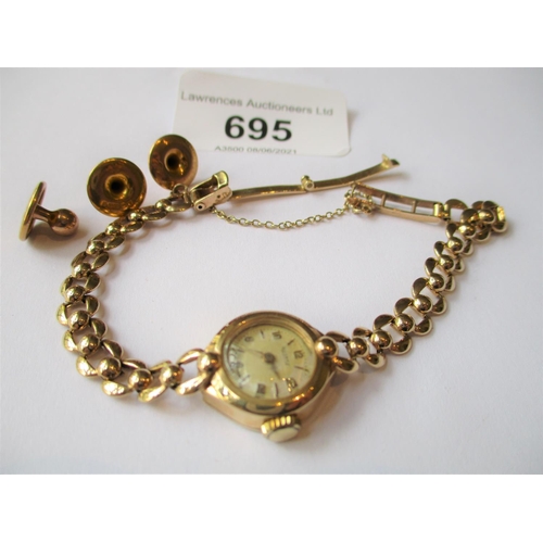 695 - Ladies Rotary 9ct gold cased wristwatch on a 9ct gold bracelet strap, together with three 9ct gold d... 