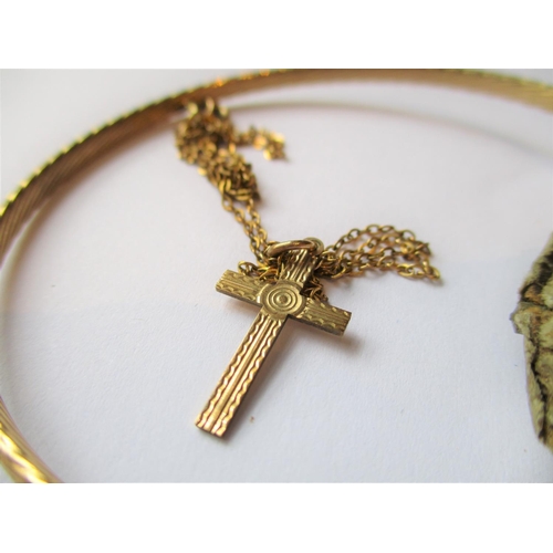 714 - 9ct Gold bangle, 9ct Gold pendant cross on chain, 9ct gold necklace, stickpin and two pairs of earst... 