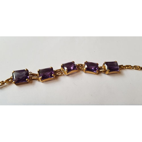 715 - 18ct Yellow gold bracelet set five rectangular cut alexandrite, each approximately 12mm x 10mm, 19.5... 